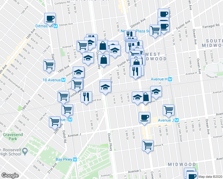 map of restaurants, bars, coffee shops, grocery stores, and more near 760 Avenue H in Brooklyn