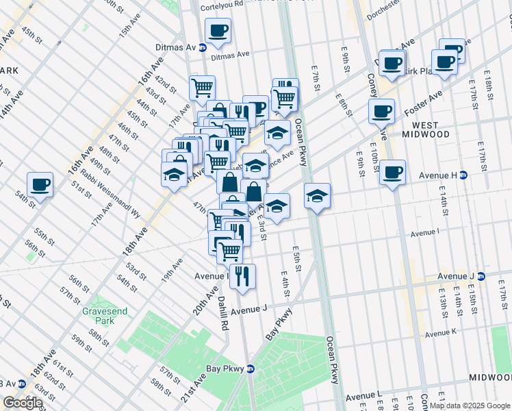 map of restaurants, bars, coffee shops, grocery stores, and more near 65 Parkville Avenue in Brooklyn