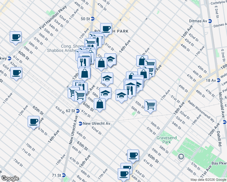 map of restaurants, bars, coffee shops, grocery stores, and more near 1471 56th Street in Brooklyn