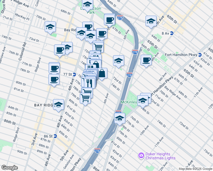 map of restaurants, bars, coffee shops, grocery stores, and more near 7414 6th Avenue in Brooklyn