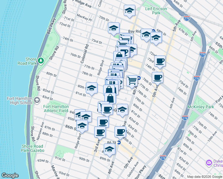 map of restaurants, bars, coffee shops, grocery stores, and more near 269 79th Street in Brooklyn