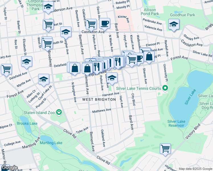 map of restaurants, bars, coffee shops, grocery stores, and more near 47 Morrison Avenue in Staten Island