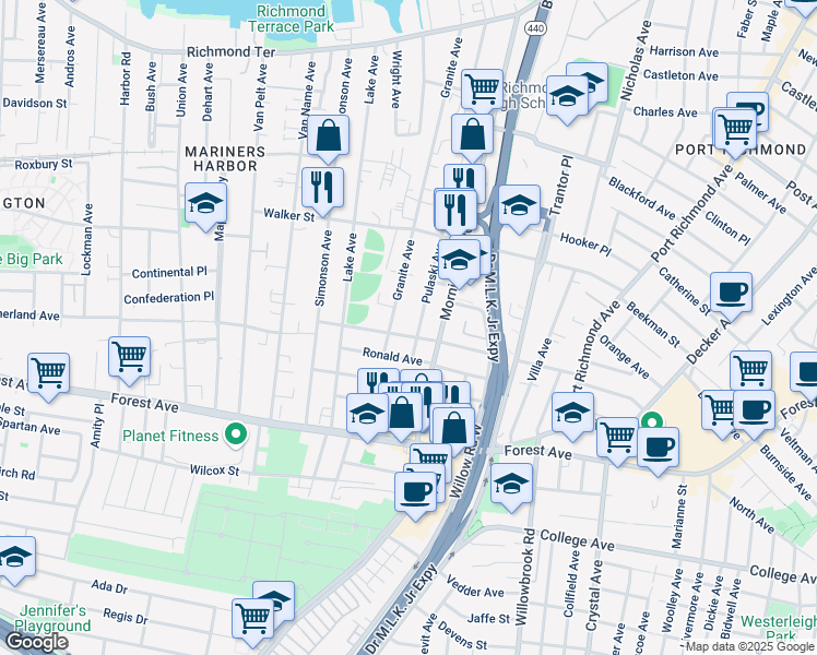 map of restaurants, bars, coffee shops, grocery stores, and more near 283 Granite Avenue in Staten Island