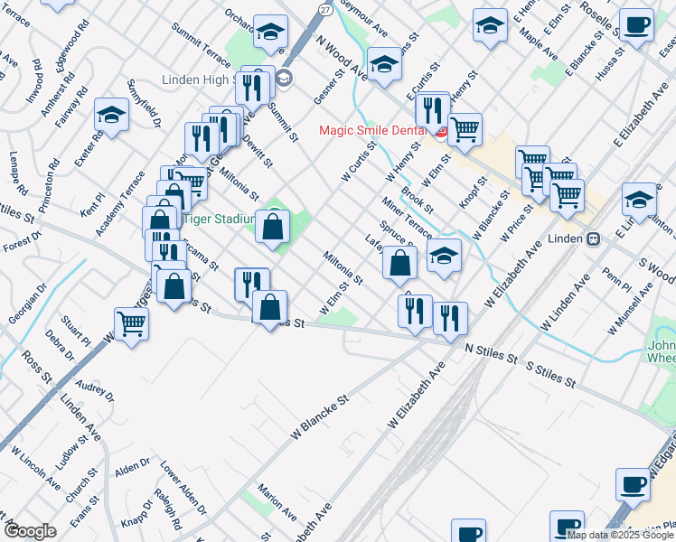 map of restaurants, bars, coffee shops, grocery stores, and more near 801 West Henry Street in Linden