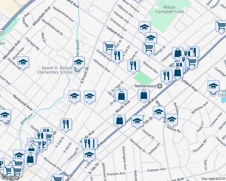 map of restaurants, bars, coffee shops, grocery stores, and more near 810 East 3rd Street in Plainfield