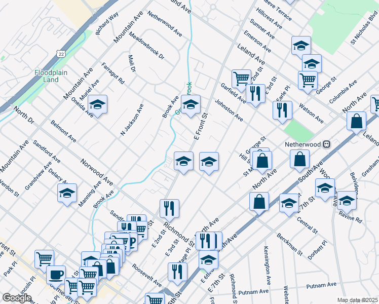 map of restaurants, bars, coffee shops, grocery stores, and more near in Plainfield