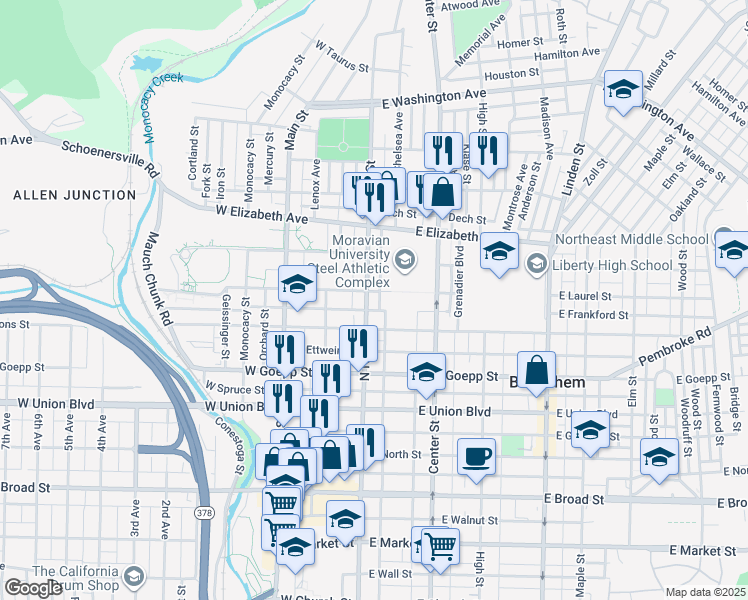 map of restaurants, bars, coffee shops, grocery stores, and more near 1102 East Laurel Street in Bethlehem