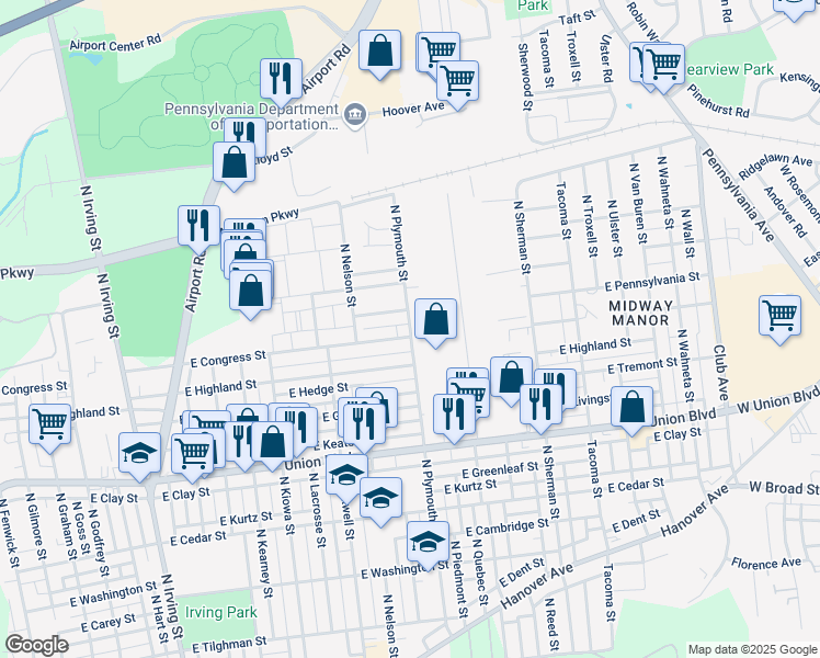 map of restaurants, bars, coffee shops, grocery stores, and more near 1518 East Pennsylvania Street in Allentown