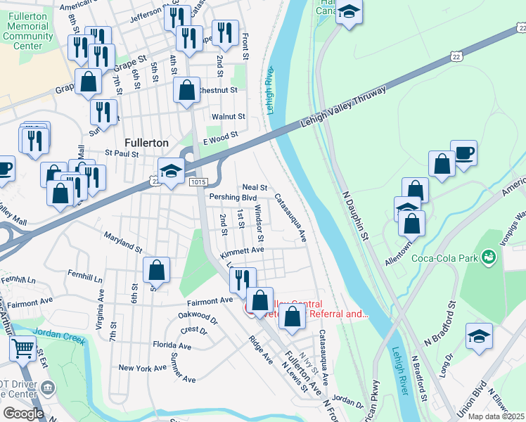 map of restaurants, bars, coffee shops, grocery stores, and more near 521 Windsor Street in Fullerton