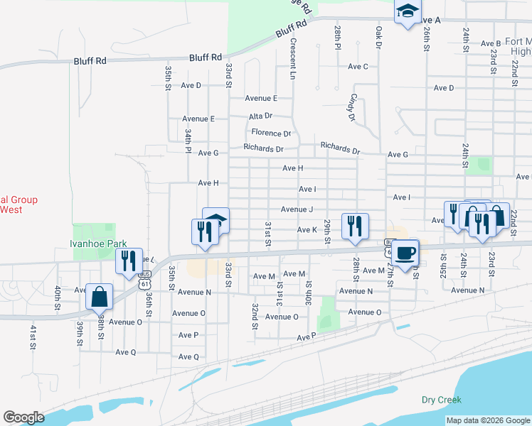 map of restaurants, bars, coffee shops, grocery stores, and more near 3033 Avenue J in Fort Madison