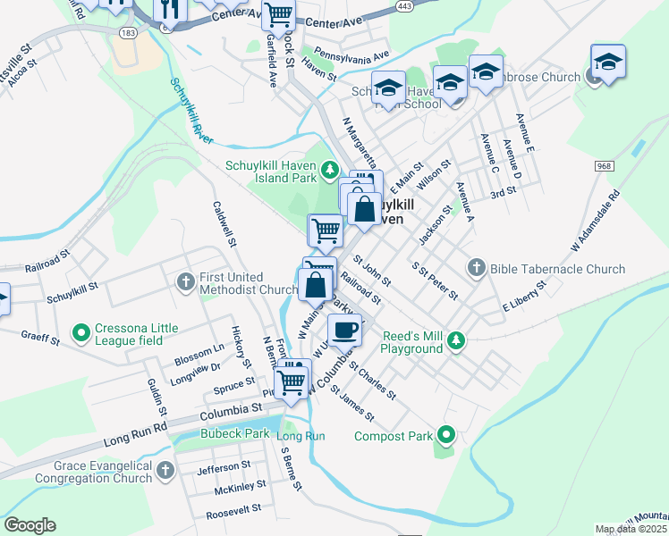 map of restaurants, bars, coffee shops, grocery stores, and more near 33 West Main Street in Schuylkill Haven