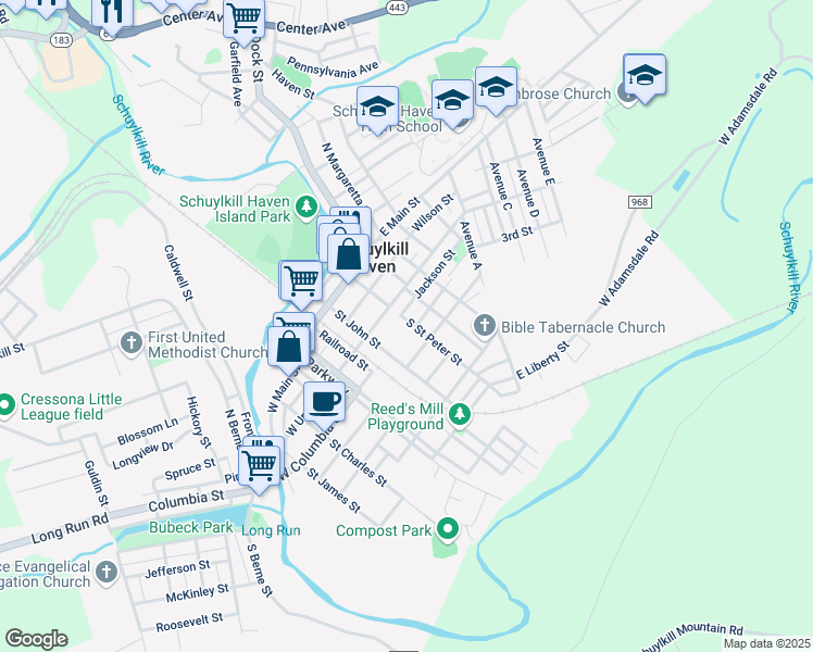 map of restaurants, bars, coffee shops, grocery stores, and more near 120 South Saint Peter Street in Schuylkill Haven