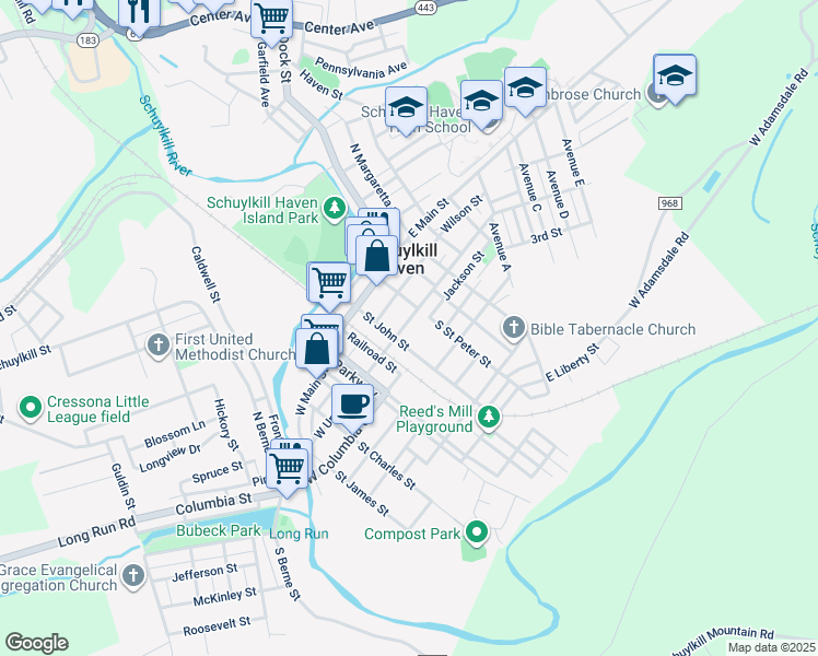 map of restaurants, bars, coffee shops, grocery stores, and more near 16 East Union Street in Schuylkill Haven
