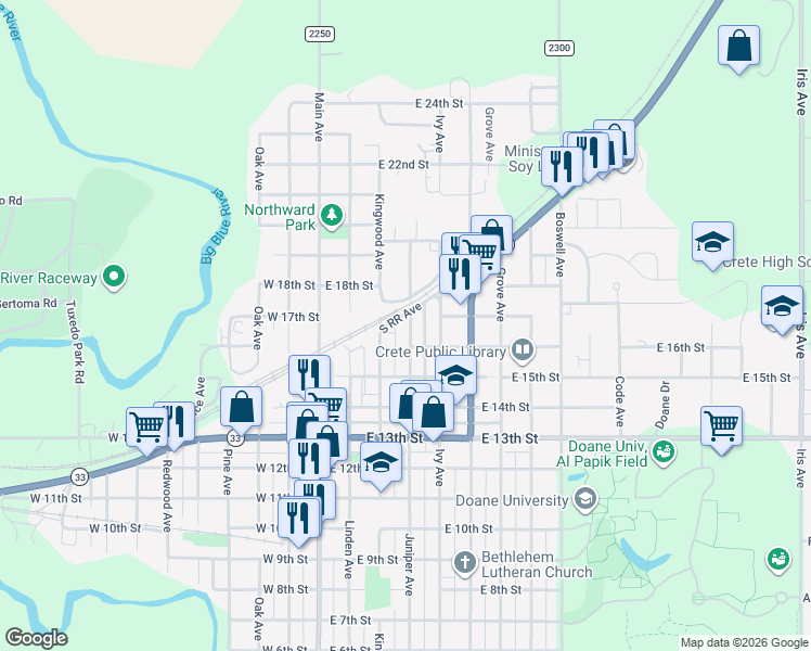 map of restaurants, bars, coffee shops, grocery stores, and more near 1643 Juniper Avenue in Crete