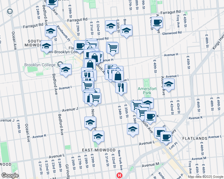 map of restaurants, bars, coffee shops, grocery stores, and more near 1692 Flatbush Avenue in Brooklyn