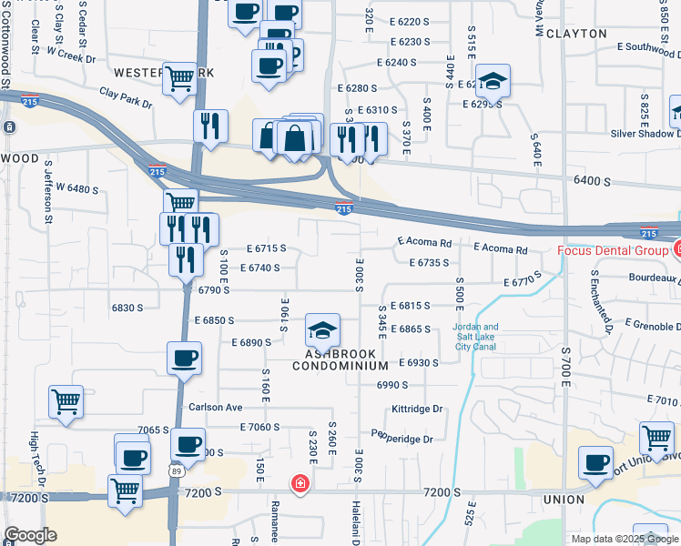 map of restaurants, bars, coffee shops, grocery stores, and more near 272 East Vaughn Lane in Midvale