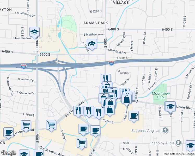 map of restaurants, bars, coffee shops, grocery stores, and more near 1205 Privet Drive in Cottonwood Heights