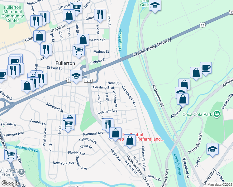 map of restaurants, bars, coffee shops, grocery stores, and more near 521 Windsor Street in Fullerton
