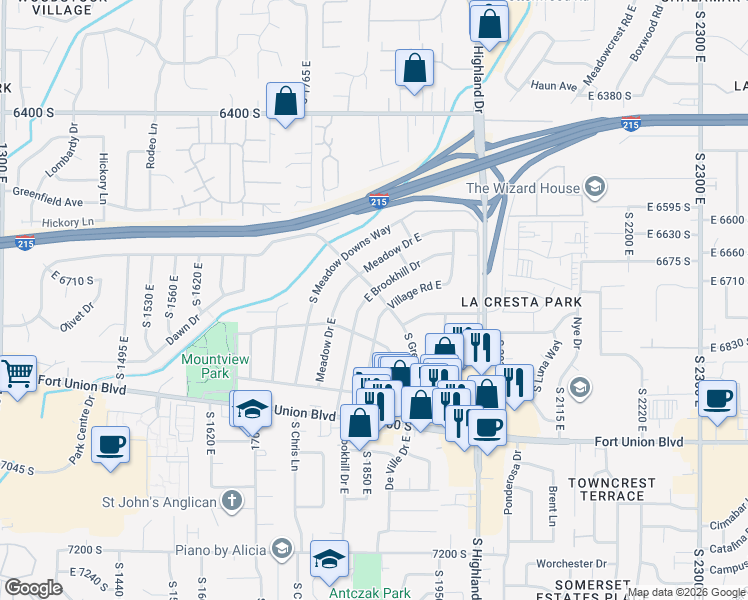 map of restaurants, bars, coffee shops, grocery stores, and more near 1856 East Brookhill Drive in Cottonwood Heights