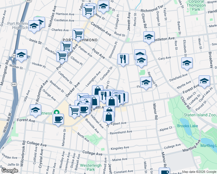 map of restaurants, bars, coffee shops, grocery stores, and more near 23 Bache Street in Staten Island