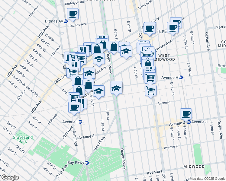 map of restaurants, bars, coffee shops, grocery stores, and more near 820 Ocean Parkway in Brooklyn