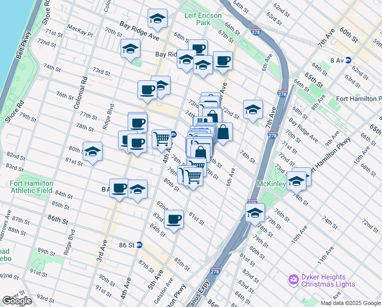 map of restaurants, bars, coffee shops, grocery stores, and more near 470 76th Street in Brooklyn