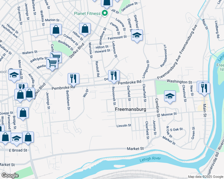 map of restaurants, bars, coffee shops, grocery stores, and more near 436 Roosevelt Street in Freemansburg