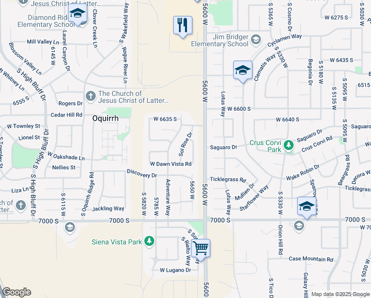 map of restaurants, bars, coffee shops, grocery stores, and more near 6739 Sol Rise Drive in West Jordan