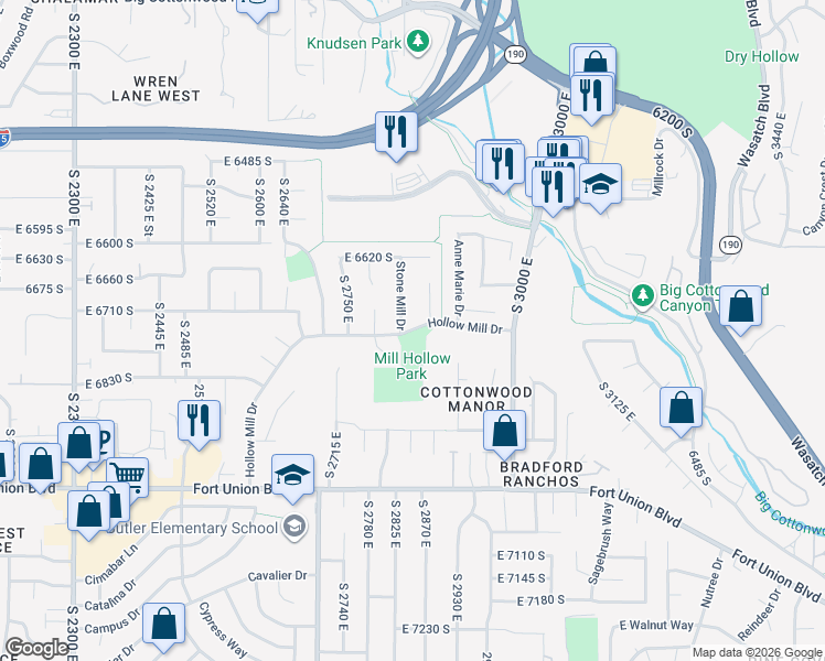 map of restaurants, bars, coffee shops, grocery stores, and more near East 6745 South in Cottonwood Heights