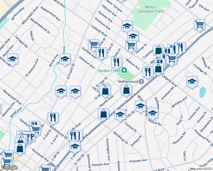 map of restaurants, bars, coffee shops, grocery stores, and more near 827 Saint Mary's Avenue in Plainfield
