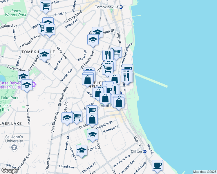 map of restaurants, bars, coffee shops, grocery stores, and more near 109 Prospect Street in Staten Island