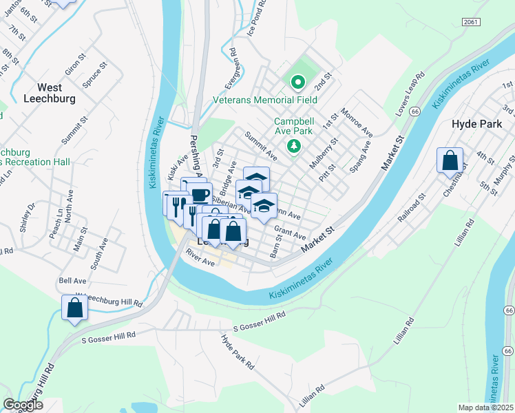 map of restaurants, bars, coffee shops, grocery stores, and more near 200 Siberian Avenue in Leechburg