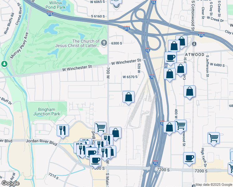 map of restaurants, bars, coffee shops, grocery stores, and more near 667 West 6645 South in Murray