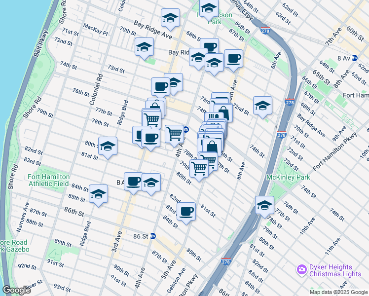 map of restaurants, bars, coffee shops, grocery stores, and more near 405 78th Street in Brooklyn