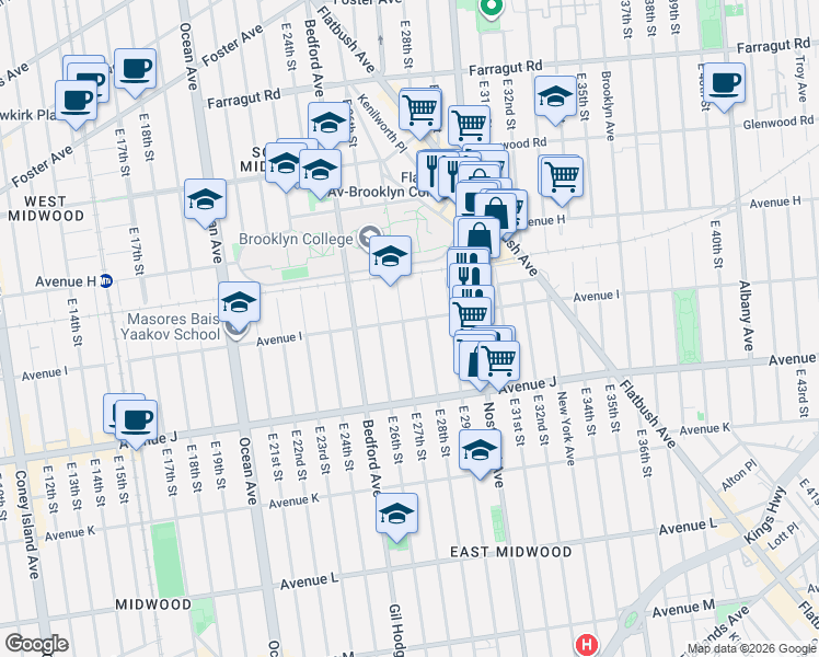map of restaurants, bars, coffee shops, grocery stores, and more near 2701 Avenue I in Brooklyn