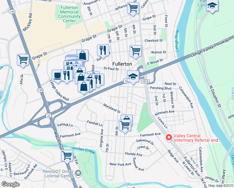 map of restaurants, bars, coffee shops, grocery stores, and more near 522 6th Street in Fullerton