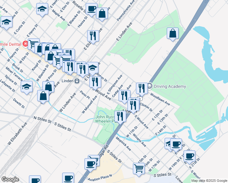 map of restaurants, bars, coffee shops, grocery stores, and more near 406 Clinton Street in Linden
