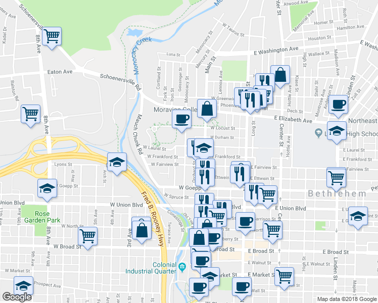 map of restaurants, bars, coffee shops, grocery stores, and more near 1032 Monocacy Street in Bethlehem