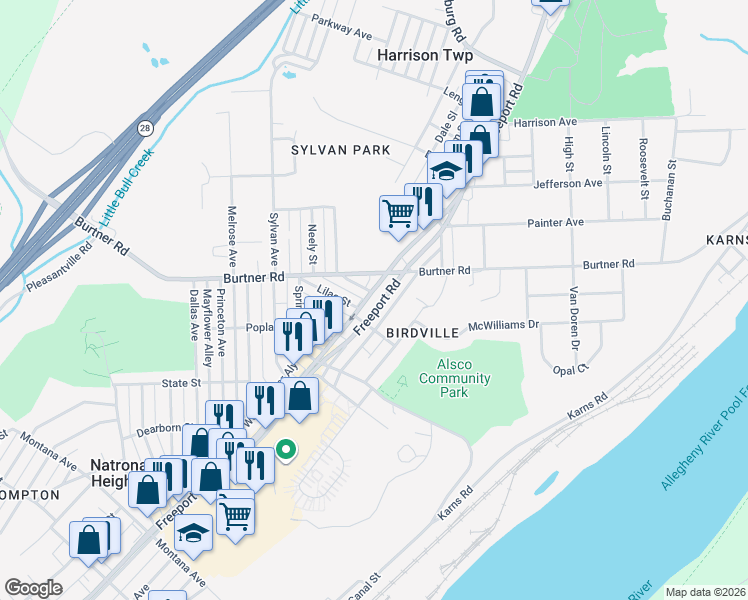 map of restaurants, bars, coffee shops, grocery stores, and more near in Natrona Heights