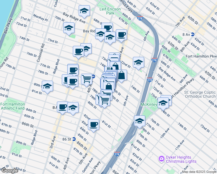 map of restaurants, bars, coffee shops, grocery stores, and more near 470 76th Street in Brooklyn