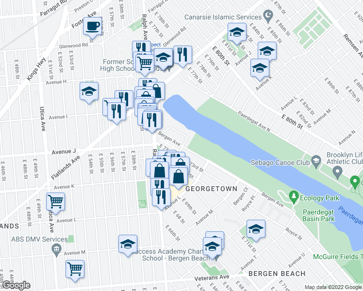 map of restaurants, bars, coffee shops, grocery stores, and more near 1097 Bergen Avenue in Brooklyn