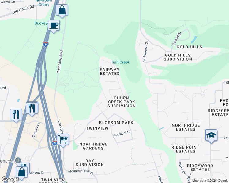 map of restaurants, bars, coffee shops, grocery stores, and more near 6074 Fallworth Drive in Redding