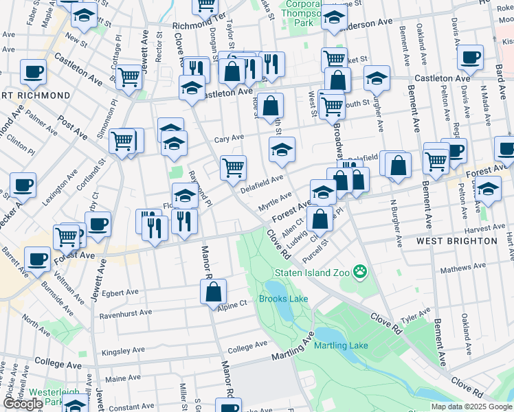 map of restaurants, bars, coffee shops, grocery stores, and more near 479 Clove Road in Staten Island