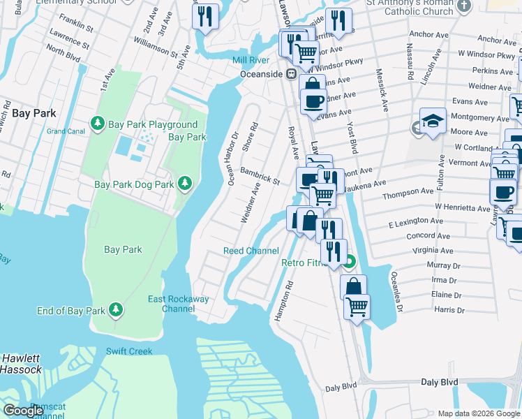 map of restaurants, bars, coffee shops, grocery stores, and more near 3347 Elliott Boulevard in Oceanside