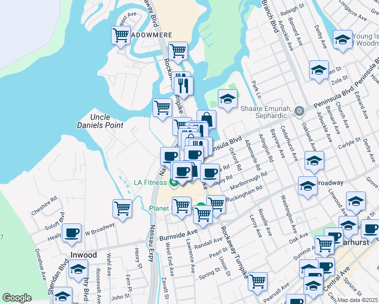 map of restaurants, bars, coffee shops, grocery stores, and more near Nassau Expy in Inwood