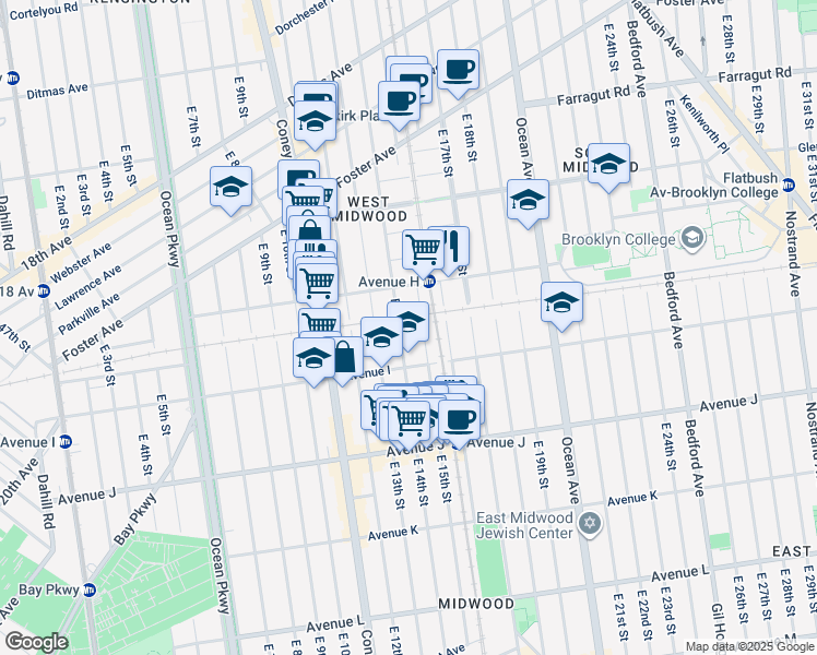 map of restaurants, bars, coffee shops, grocery stores, and more near 849 East 14th Street in Brooklyn