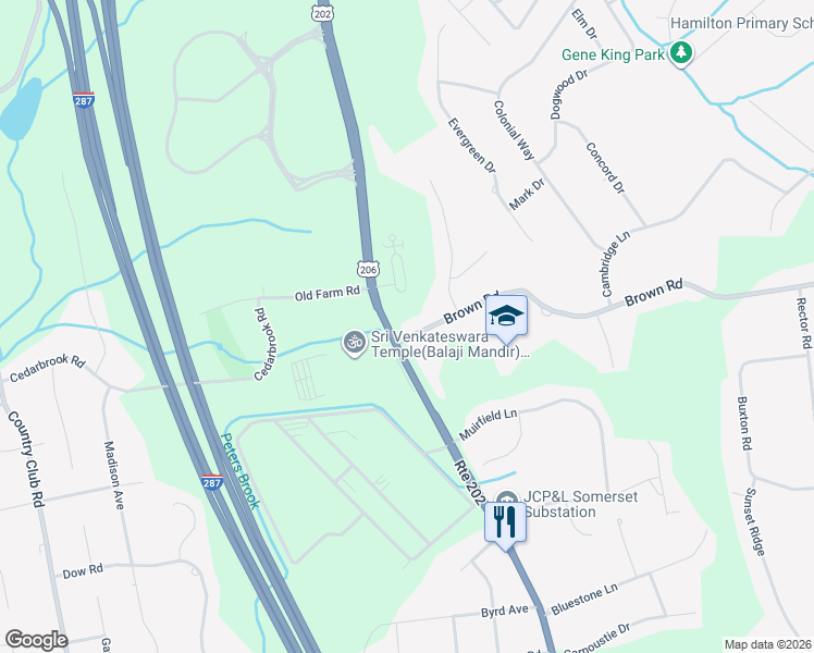map of restaurants, bars, coffee shops, grocery stores, and more near 803 Brown Road in Bridgewater Township