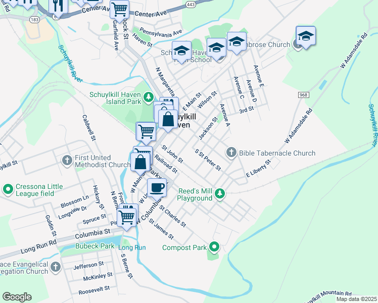 map of restaurants, bars, coffee shops, grocery stores, and more near 116 South Saint Peter Street in Schuylkill Haven