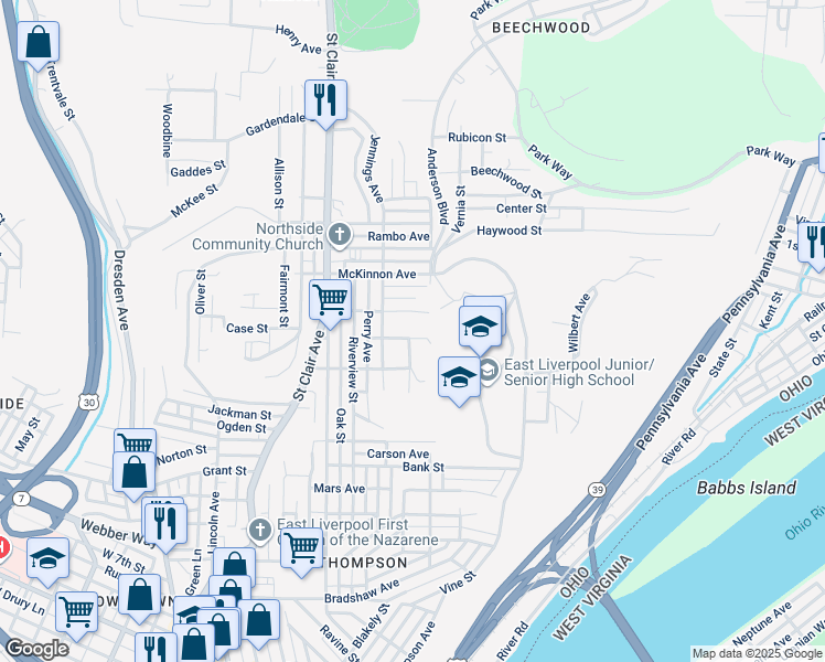 map of restaurants, bars, coffee shops, grocery stores, and more near 930 North Street in East Liverpool