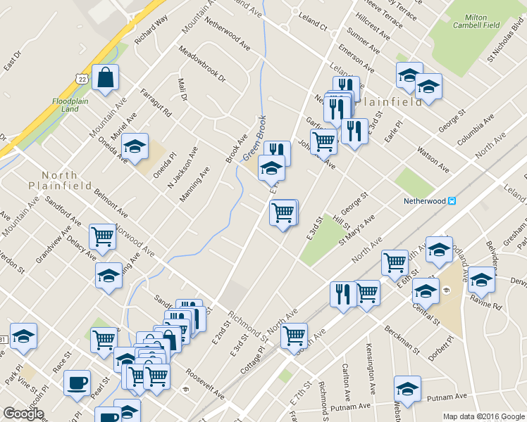 map of restaurants, bars, coffee shops, grocery stores, and more near 703-713 East Front Street in Plainfield